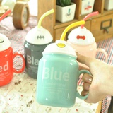 吸管陶瓷杯子创意可爱卡通奶瓶马克杯大容量带盖勺水果咖啡水杯