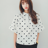 2016夏季新款宽松大码波点套头立领衬衫女 韩版棉麻短款显瘦衬衣