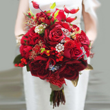 包邮高定红色玫瑰美式新娘花束 定制婚礼伴娘蝴蝶珍珠水钻手捧花