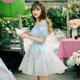 唯雪2016夏季新款日系甜美公主一字领吊带花朵印花网纱修身连衣裙
