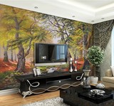 油画森林自然风景无缝无纺布墙纸壁画电视背景墙壁纸客厅卧室墙画