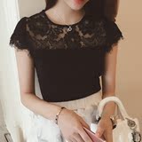 2016夏季新款韩范时尚修身短袖T恤衫镂空蕾丝拼接针织打底上衣 女