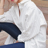 2016韩版棉麻简约宽松中长款条纹衬衣欧洲站不规则长袖大码上衣女