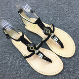 2016韩版夏季波西米亚串珠水钻平底凉鞋夹趾黑色平底罗马鞋沙滩鞋