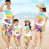 海边度假沙滩装韩国三口亲子装夏装2016款母子母女装全家短裤套装