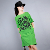 连衣裙夏欧洲站女装圆领短袖字母印花绿色棉麻后下摆开叉长款T恤