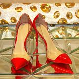 秋季新款尖头时尚百搭红色拼透明玻璃胶浅口细跟性感高跟鞋女单鞋