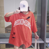 韩版字母破洞磨破镂空做旧大码宽松中长款短袖半袖学生t恤上衣女