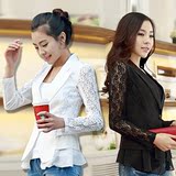2016夏季新款大码雪纺女装韩版镂空收腰长袖薄短款蕾丝小西服外套