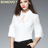 Bomovo2016欧洲站夏季新款时尚花边领泡泡袖中长款气质OL衬衫上衣