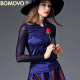 Bomovo2016秋季女装欧美长袖V领蕾丝拼接打底衫女黑色显瘦上衣秋