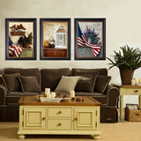美式客厅装饰画高档实木沙发背景墙挂画有框画复古美国国旗