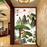 现代中式玄关壁画迎客松客厅走廊过道背景墙纸无缝整张背胶壁纸