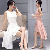 韩国lyq紧身连衣裙不规则夏季收腰性感雪纺中长款修身白色a型裙子