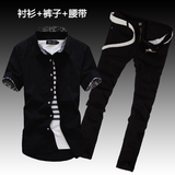 春夏季男式韩版短袖牛仔衬衫长裤子一套装便宜潮流寸衫衬衣服外套