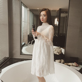 韩版2016春季新款高领长袖中长款公主裙甜美显瘦镂空蕾丝连衣裙仙