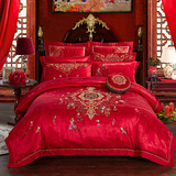 婚庆四件套大红结婚全棉 百子图贡缎刺绣纯棉1.8m床被套床单床品