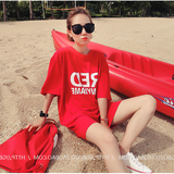 2016夏装新款女韩版中长款字母短袖超宽松T恤韩国原宿bf风红色潮
