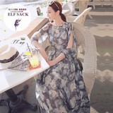 韩国2016夏季新款收腰气质显瘦印花连衣裙波西米亚度假沙滩长裙仙