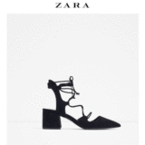 ZARA女鞋 34-40码 2016新款夏季交叉绑带尖头粗跟高跟鞋中跟单鞋