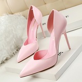 韩版时尚简约性感夜店显瘦粉色女鞋细跟超高跟浅口尖头镂空单鞋女