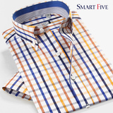 SmartFive 时尚休闲短袖男格子衬衫青年修身纯棉半袖衬衣夏格纹潮
