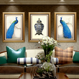 样板间客厅装饰画 欧式美式三联画沙发背景墙壁画餐厅挂画蓝孔雀