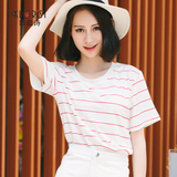 红白条纹t恤女中袖半截女半袖夏装 韩版学生宽松纯棉短袖百搭体恤