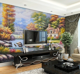 手绘3D立体田园欧式森林小屋油画墙壁纸客厅卧室无缝背景墙纸壁纸