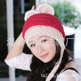 韩版可爱毛线帽 冬季兔耳朵编织辫子护耳帽 撞色针织保暖帽