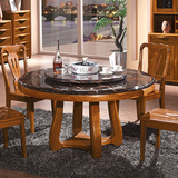 新中式大理石电磁炉火锅桌圆形实木餐桌现代虎斑木圆桌家用吃饭桌