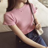 2016夏韩版冰丝棉T恤短款女套头修身木耳边针织短袖纯色打底衫薄