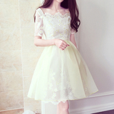 韩国夏装甜美刺绣花朵蕾丝欧根纱短袖蓬蓬公主气质连衣裙小礼服女