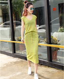 2016新款韩版夏季修身无袖背心针织两件套连衣裙性感镂空休闲套装