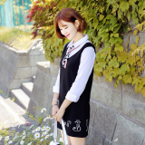 韩都衣舍2016新款女装秋季韩版假两件连衣裙棉长袖衬衫拼接短裙子