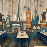 复古欧式简约手绘城市木纹墙纸客厅电视墙卧室奶茶咖啡厅酒吧壁画
