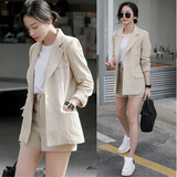 韩国2016秋季新款OL棉麻西装套装女修身薄款长袖西服短裤两件套潮
