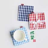 日式棉麻格子茶杯垫 双层 厨房餐桌布艺餐垫隔热垫 个性 小清新