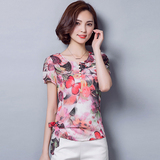 2016夏季新款韩版女士短袖T恤印花小衫女简约上衣显瘦雪纺打底衫
