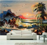 3D壁画手绘海边椰树和海鸥背景墙纸客厅卧室沙发壁纸酒店包厢墙布