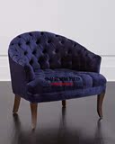 欧式实木蓝色单人沙发椅美式布艺拉扣书椅休闲椅卧室书房圈椅子