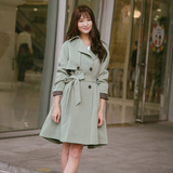 女士风衣中长款春秋绿色学生修身显瘦纯色韩国系带气质双排扣外套