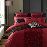 正品全棉四件套件床单式结婚床上用品被套纯色纯棉1.8m 红绿灰驼