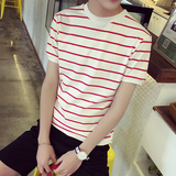 2016新款夏季男士短袖T恤圆领条纹半袖韩版修身体恤潮流学生衣服