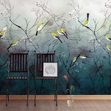 手绘百鸟林艺术墙纸 创意抽象工笔画墙壁纸 无缝定制客厅墙纸壁画