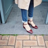 韩版春夏新款粗跟中跟复古方头一字扣带镂空浅口高跟鞋工作女单鞋