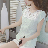 雪纺衫女2016夏装新款韩版短袖女士上衣修身薄荷绿水溶刺绣蕾丝衫