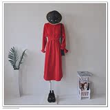 16秋装新款连衣裙灯芯绒大红色长袖复古显瘦中长款超长袖宽松大码
