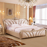 欧式真皮床 简约现代1.8米太子软床主卧双人皮艺床橡木雕花品牌床