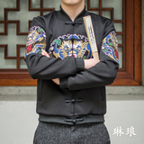 中国风男装龙纹刺绣夹克盘扣修身大码太空棉中式长袖复古外套男潮